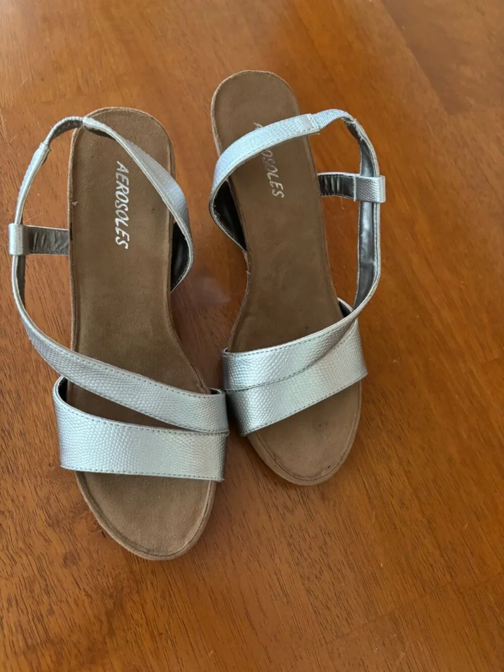 Aerosoles Wedge Women Strappy Sandal Size 9 Silver Metallic Pewter Cork NEW